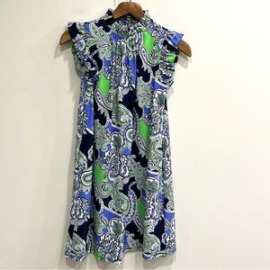 Jude Connally Shari Paisley Shift Dress Jude Cloth Blue Green Ruffles Size Small